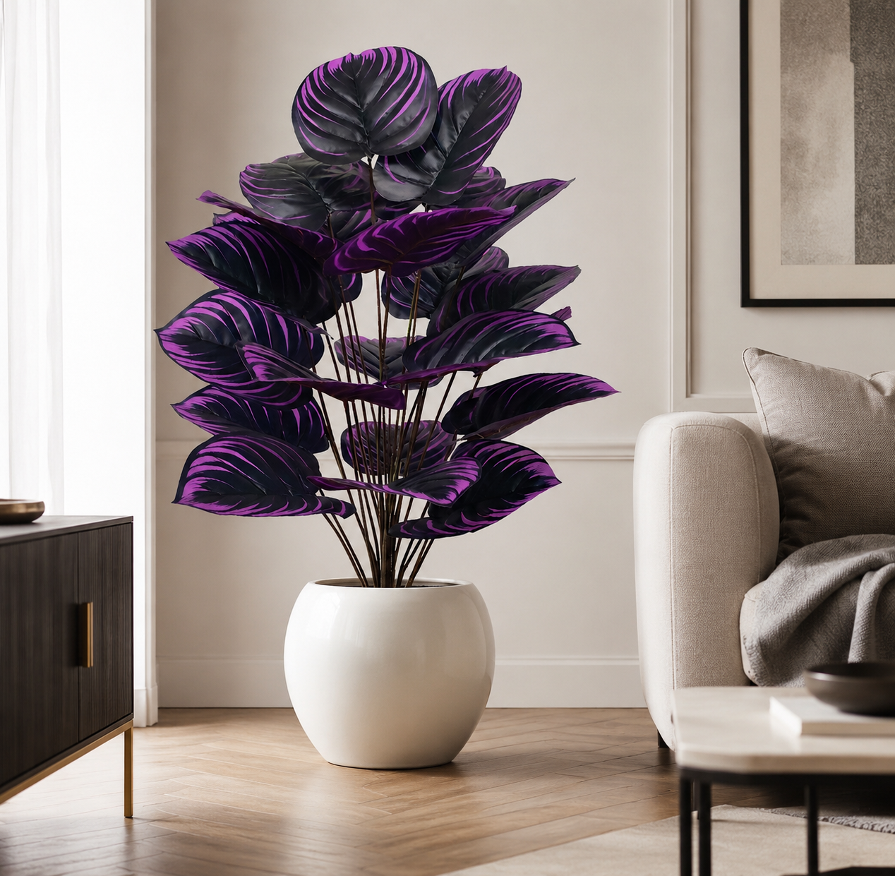 Artificial Tropical Leaf Branch 75cm — Large Faux Dark Purple Leaves | Fake Plant Stem for Vase, Home & Office Decor