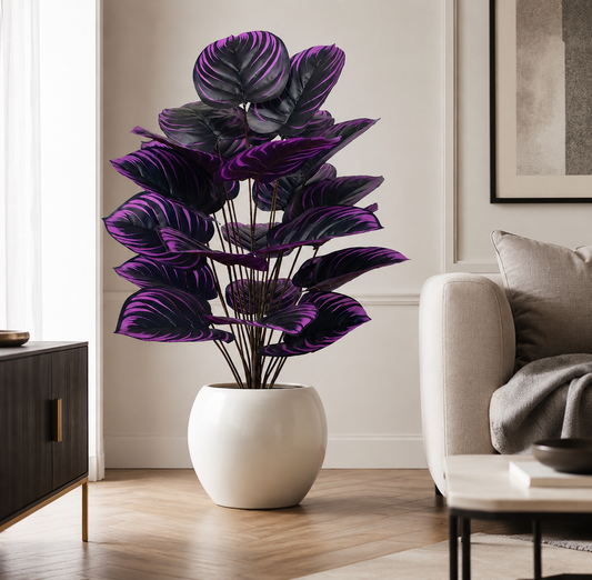 Artificial Tropical Leaf Branch 75cm — Large Faux Dark Purple Leaves | Fake Plant Stem for Vase, Home & Office Decor