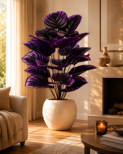 Artificial Tropical Leaf Branch 75cm — Large Faux Dark Purple Leaves | Fake Plant Stem for Vase, Home & Office Decor