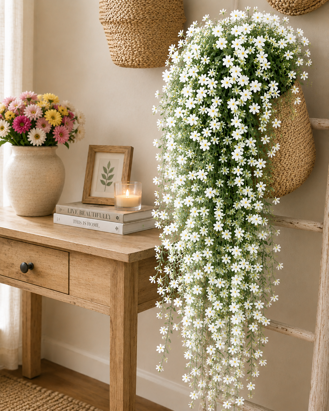 Artificial Hanging Basket Plants — Faux Outdoor Fake Flower Baskets | Garden, Patio, Balcony & Front Door Decor